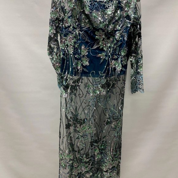 Women's Green Modern Style Sequined Sheer Lace Fabric Round Neck Overlay Top - Picture 2 of 3